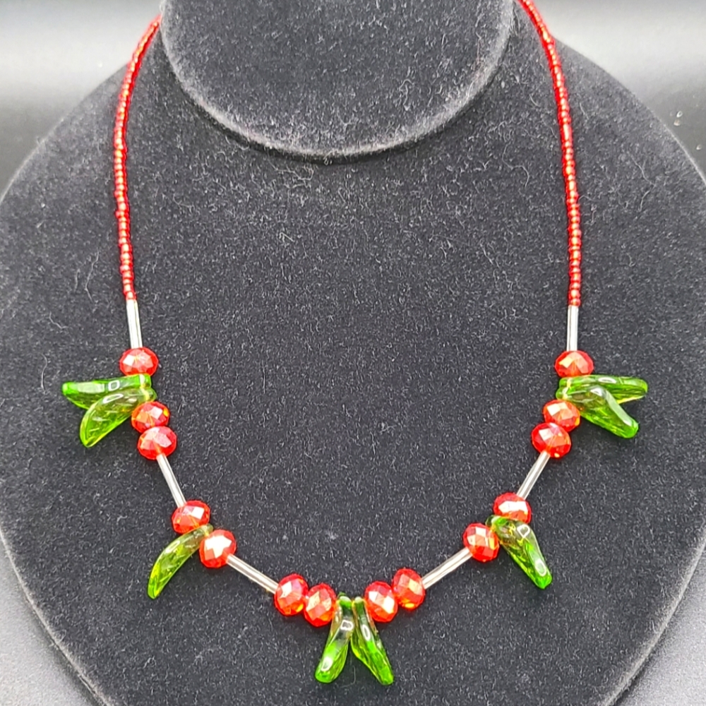 Christmas Holly Necklace Glass Beaded 17” Christmas Necklace Magnetic Closure